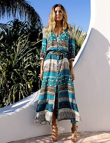 Cotton Tunic Dress - Graphic Split / Print Maxi V Neck / Summer - 64 Corp