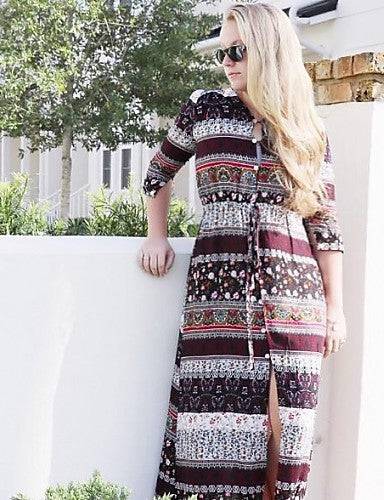 Cotton Tunic Dress - Graphic Split / Print Maxi V Neck / Summer - 64 Corp
