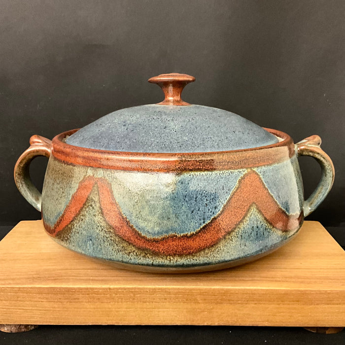 Covered Casserole in Blue with Brown Design Details