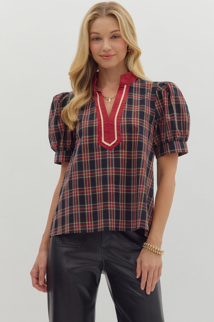 E Navy Plaid Cuff Band Sleeve Top