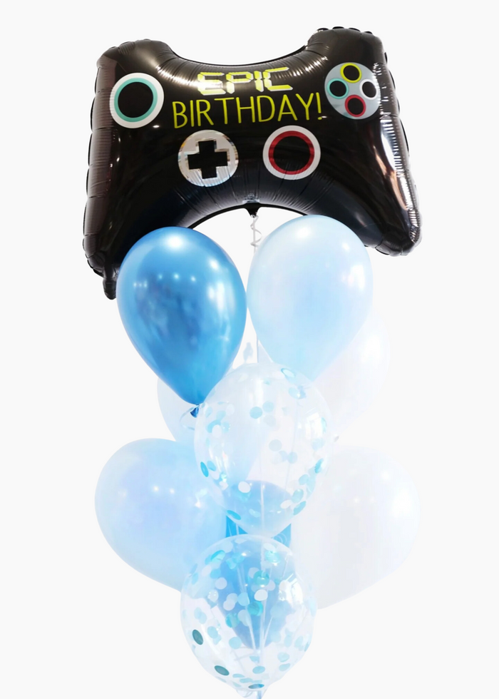 A game controller shaped balloon bouquet with a mix of blue and black latex balloons, including a foil game controller balloon with 'EPIC BIRTHDAY?' printed on it, and two confetti balloons.