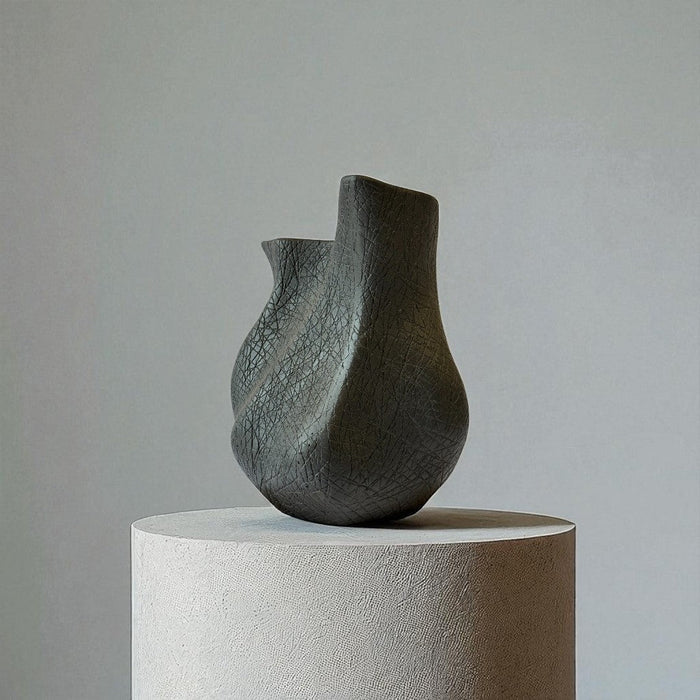 Everest Terracotta Vessel, Hand-painted in Jet Black or Linen White, 11.4"L x 10"W x 13"H