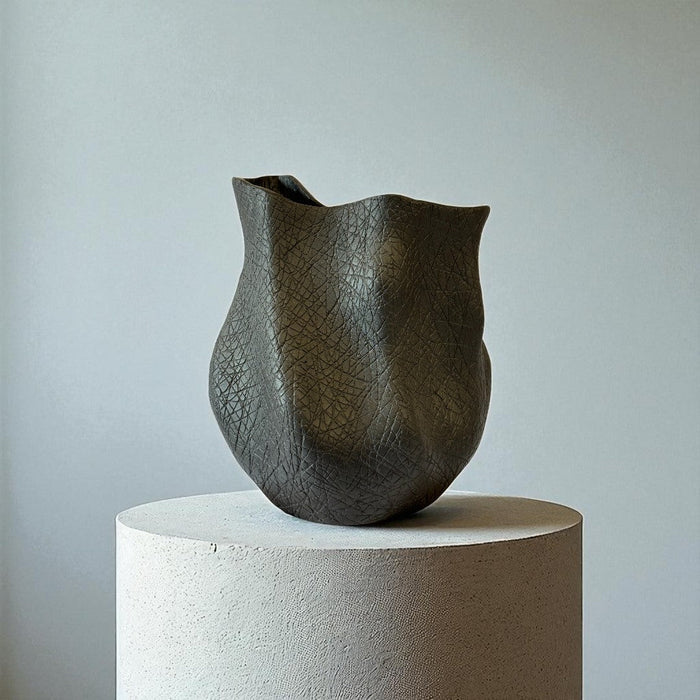 Everest Terracotta Vessel, Hand-painted in Jet Black or Linen White, 11.4"L x 10"W x 13"H