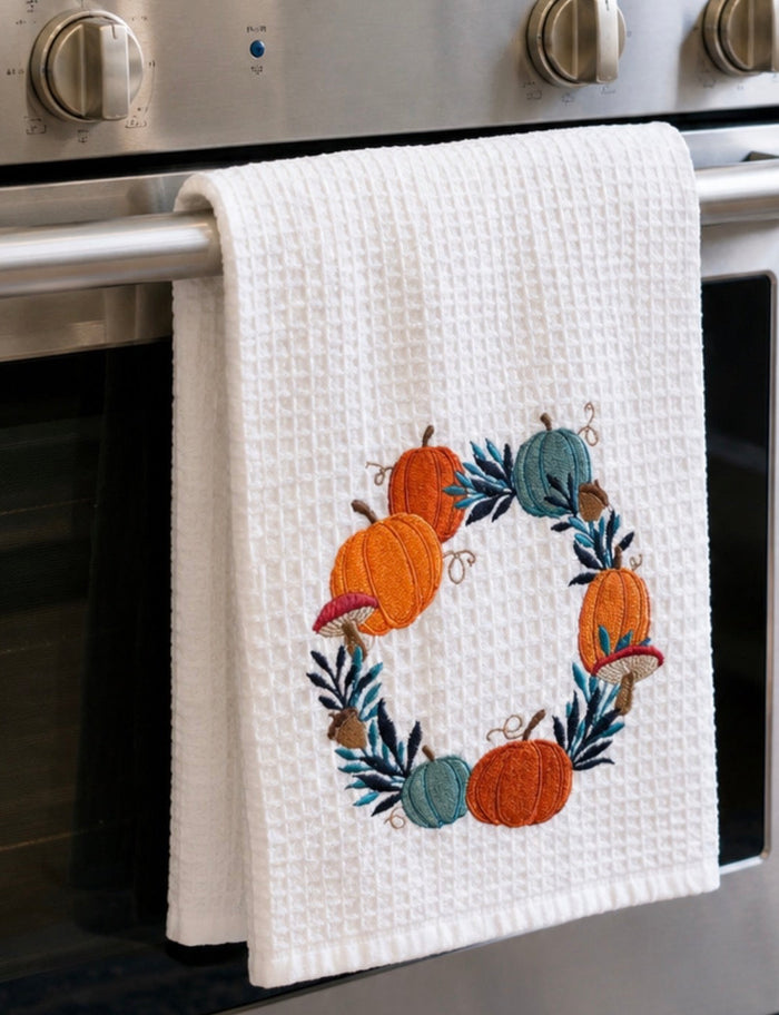 Fall Kitchen White, Teal, Blue, Orange Pumpkin Wreath Towel