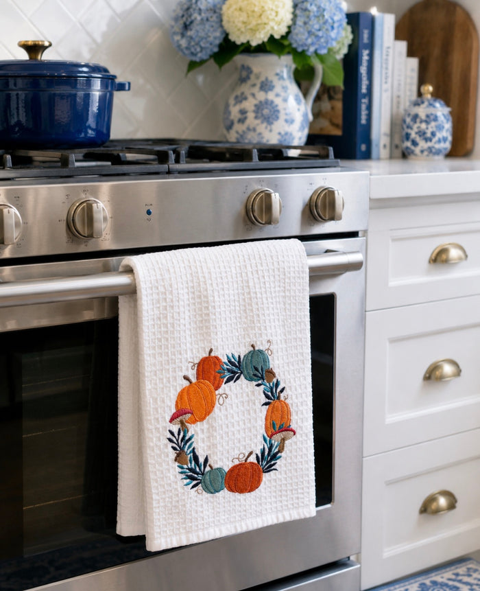 Fall Kitchen White, Teal, Blue, Orange Pumpkin Wreath Towel