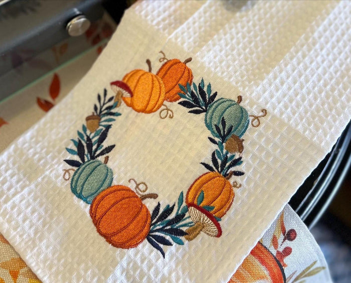 Fall Kitchen White, Teal, Blue, Orange Pumpkin Wreath Towel