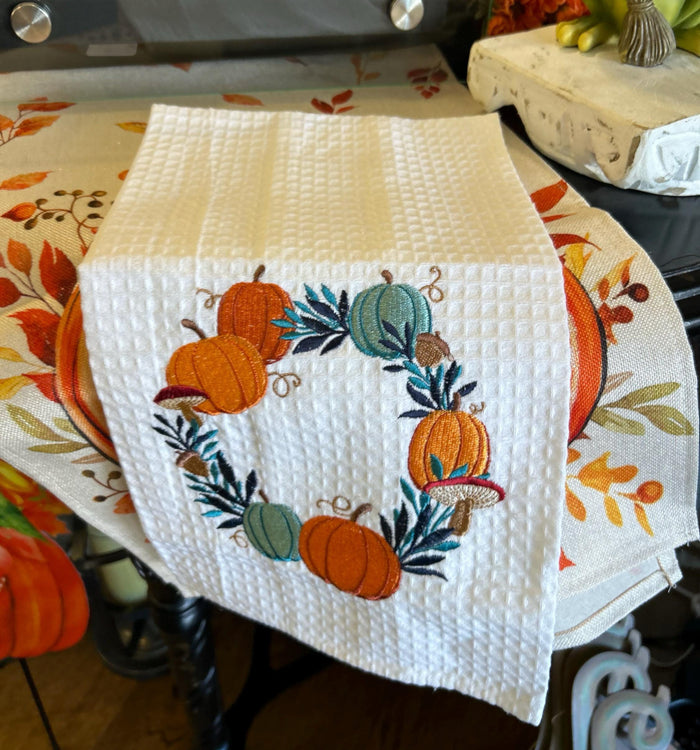 Fall Kitchen White, Teal, Blue, Orange Pumpkin Wreath Towel