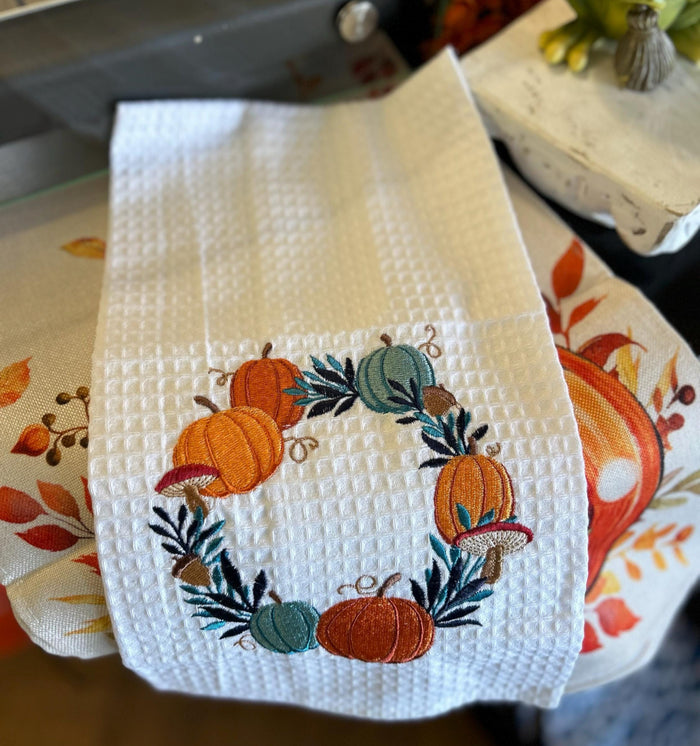 Fall Kitchen White, Teal, Blue, Orange Pumpkin Wreath Towel