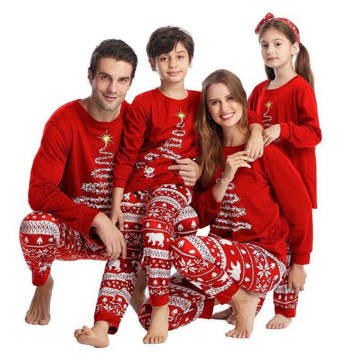 Family Matching Starlight Christmas Tree Print Design Red Pajama