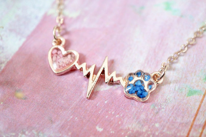 Floral Heart and Paw Resin Necklace
