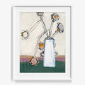 A framed abstract print featuring a white vase with stylized flowers against a light background and green base