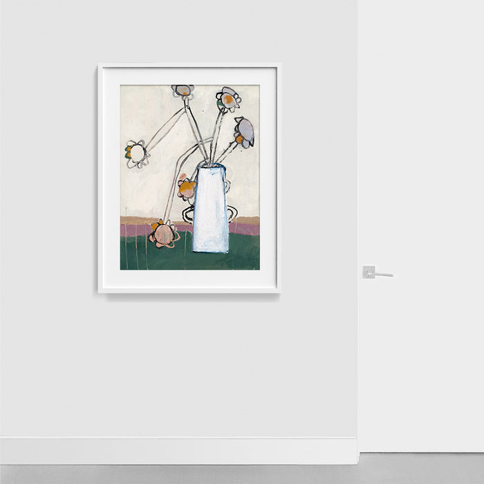 Abstract painting featuring white vase with long-stemmed flowers in purple yellow and peach framed in white