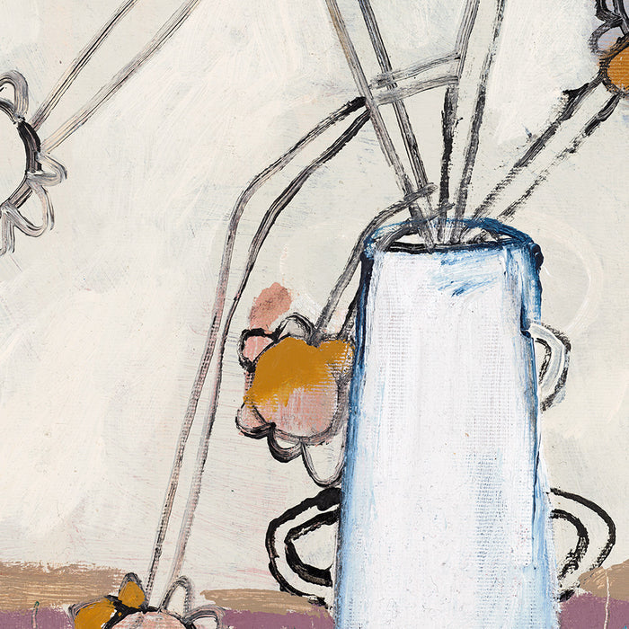 Closeup of abstract painting White vase with peach and yellow flowers with thin stems Purple and green background