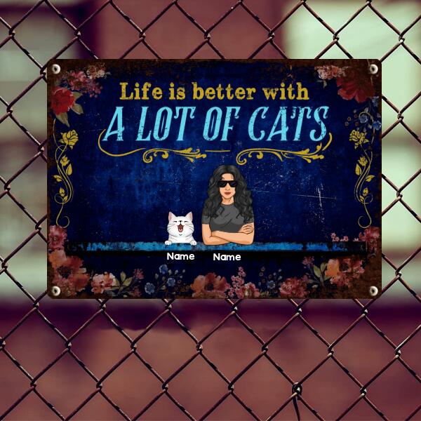 Funny Warning Signs, Gifts For Cat Lovers, Life Is Better With A Lot Of Cats, Welcome Metal Signs, Cat Mom With Her Cats