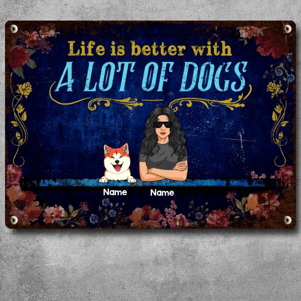 Funny Warning Signs, Gifts For Dog Lovers, Crazy Dog Lady Lives Here, Welcome Metal Signs, Dog Mom With Her Dogs