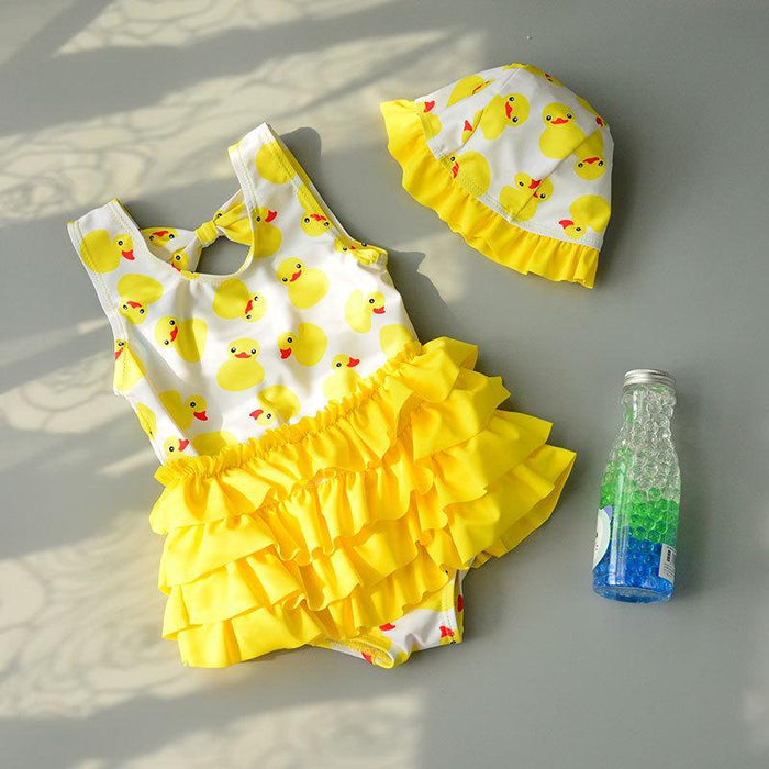 Girl Yellow Duck Print Onesie Swimsuit with Hat