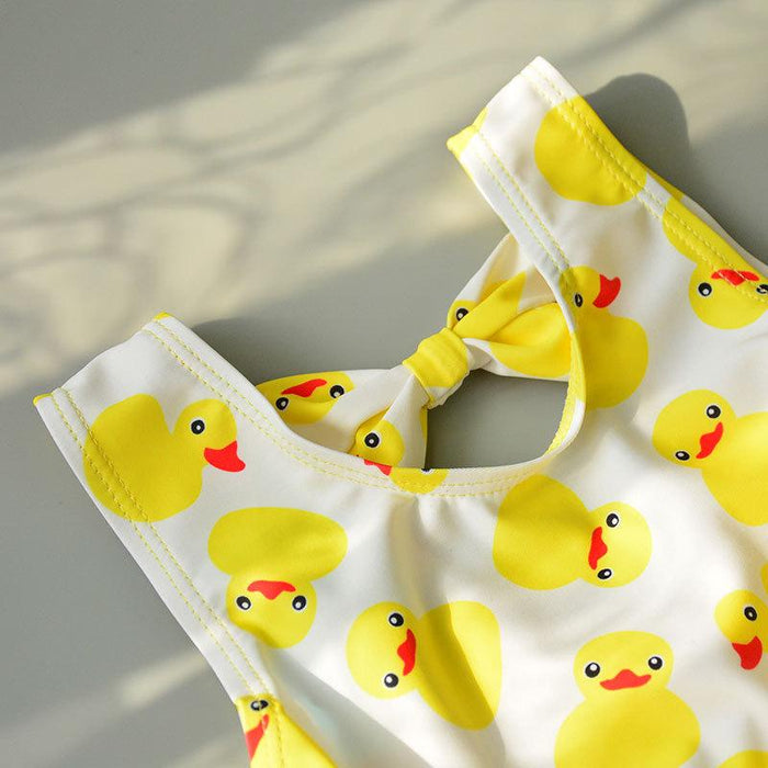 Girl Yellow Duck Print Onesie Swimsuit with Hat