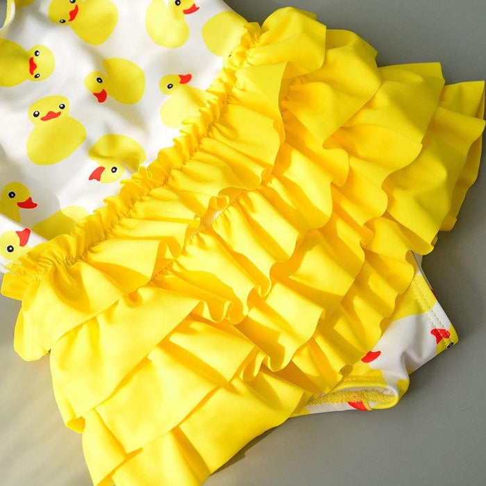 Girl Yellow Duck Print Onesie Swimsuit with Hat