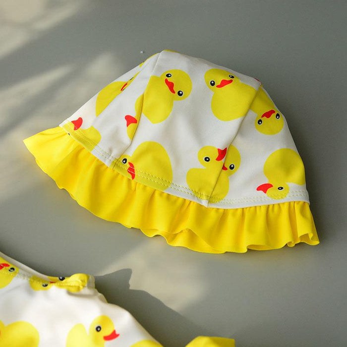 Girl Yellow Duck Print Onesie Swimsuit with Hat
