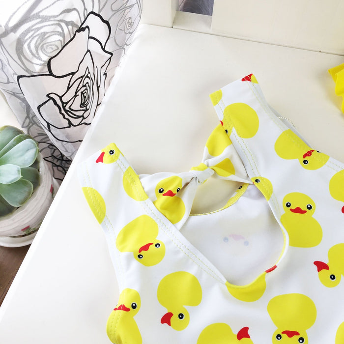 Girl Yellow Duck Print Onesie Swimsuit with Hat