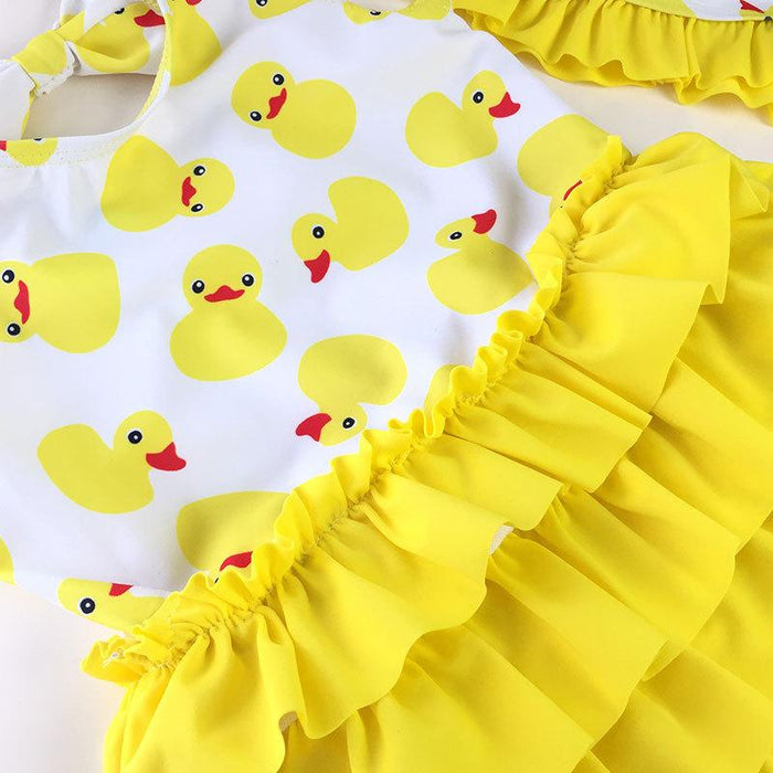 Girl Yellow Duck Print Onesie Swimsuit with Hat