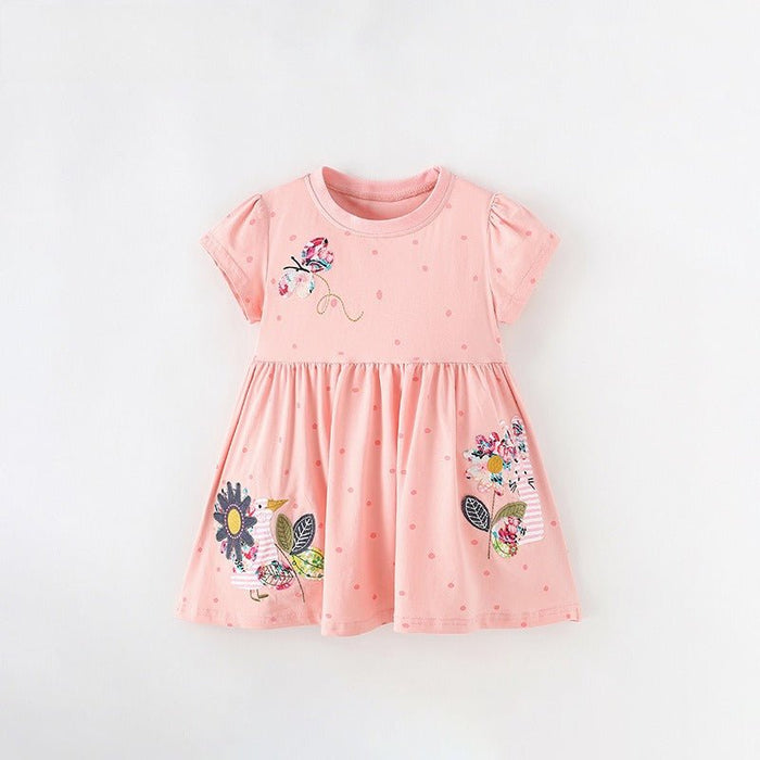 Girls Pink Cotton Floral and Butterfly Embroidery Dress