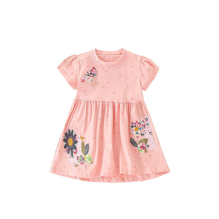 Girls Pink Cotton Floral and Butterfly Embroidery Dress