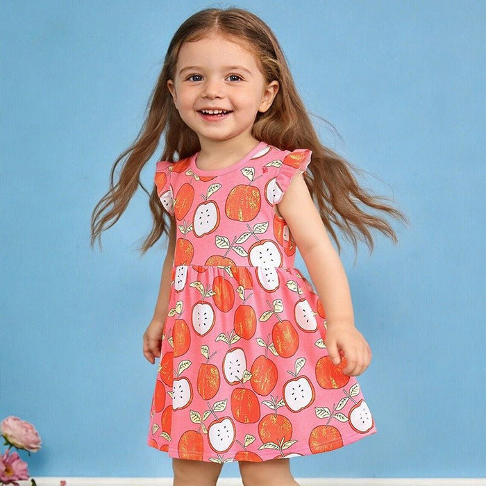 Girls Summer Apple Print Dress with Pink Short Sleeve Ruffle Hem Sundress