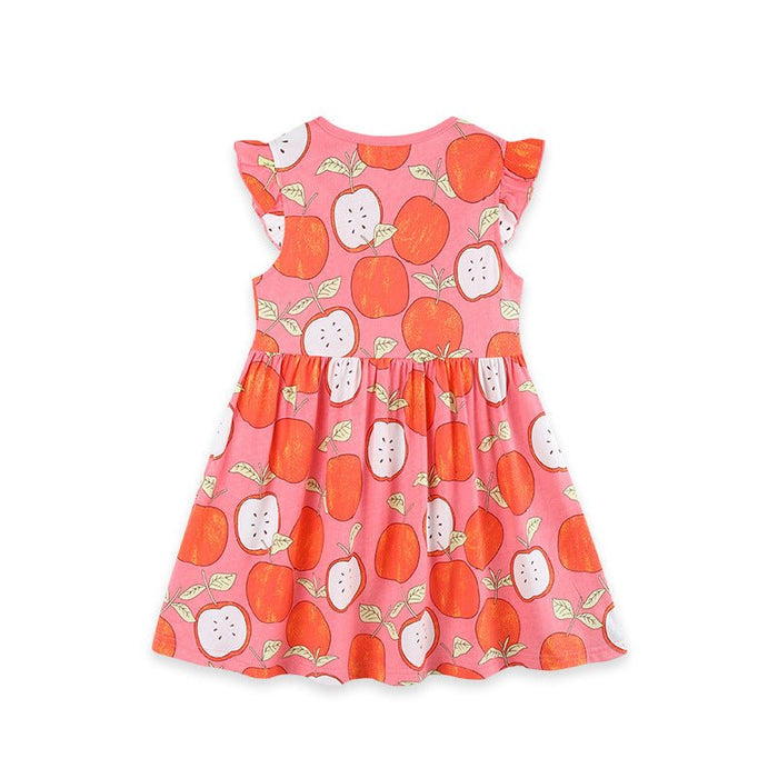 Girls Summer Apple Print Dress with Pink Short Sleeve Ruffle Hem Sundress