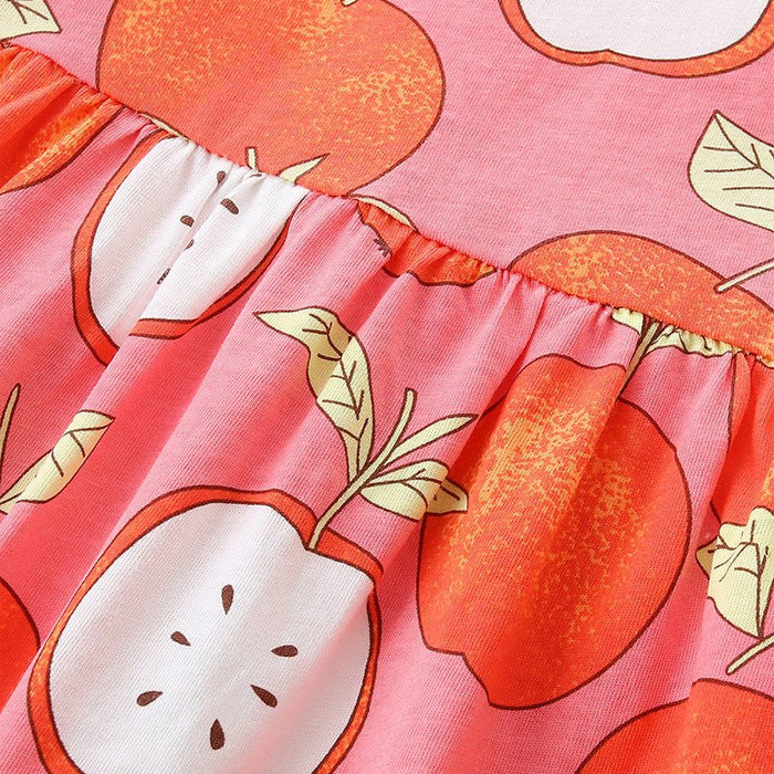 Girls Summer Apple Print Dress with Pink Short Sleeve Ruffle Hem Sundress