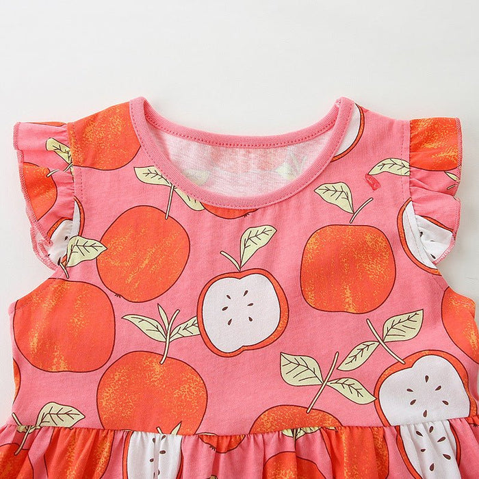 Girls Summer Apple Print Dress with Pink Short Sleeve Ruffle Hem Sundress