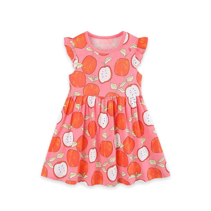 Girls Summer Apple Print Dress with Pink Short Sleeve Ruffle Hem Sundress