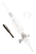 11½″ glass dab straw kit with 14.5 mm female joint, titanium tip, metal Keck clip, and glass concentrate dish arranged for clean, quick concentrate sessions.