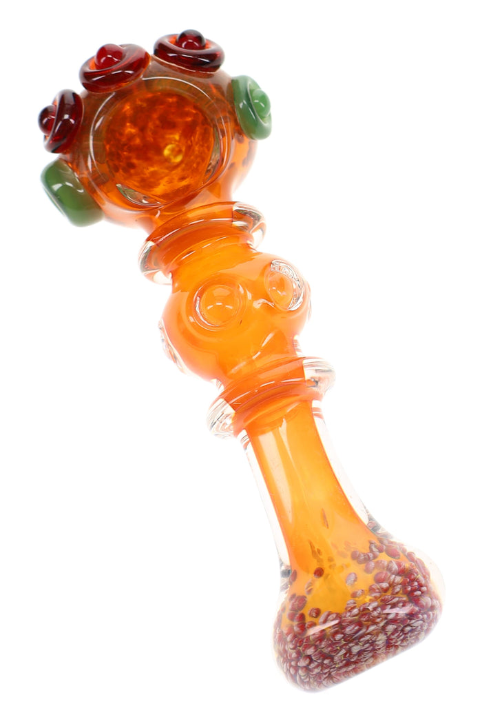 5″ gold fumed glass spoon pipe with amber body, red frit mouthpiece, rings, and marble accents