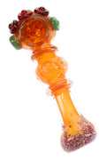 5″ gold fumed glass spoon pipe with amber body, red frit mouthpiece, rings, and marble accents