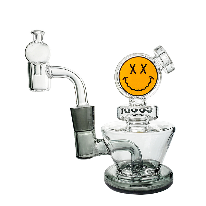 Smoke-accent Goody Glass Big Face mini dab rig with 4-hole disc perc and smiley face chamber