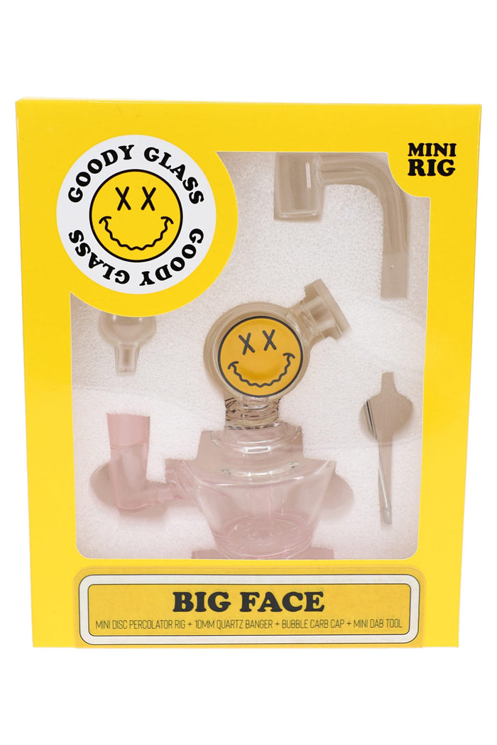 Goody Glass Big Face mini rig kit in yellow box with rig, banger, carb cap, and dab tool visible