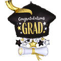 A balloon with a black and gold color scheme, featuring the text 'CONGRATULATIONS GRAD' in bold stars, shiny stars, and a diploma symbol, intended for graduation celebrations.