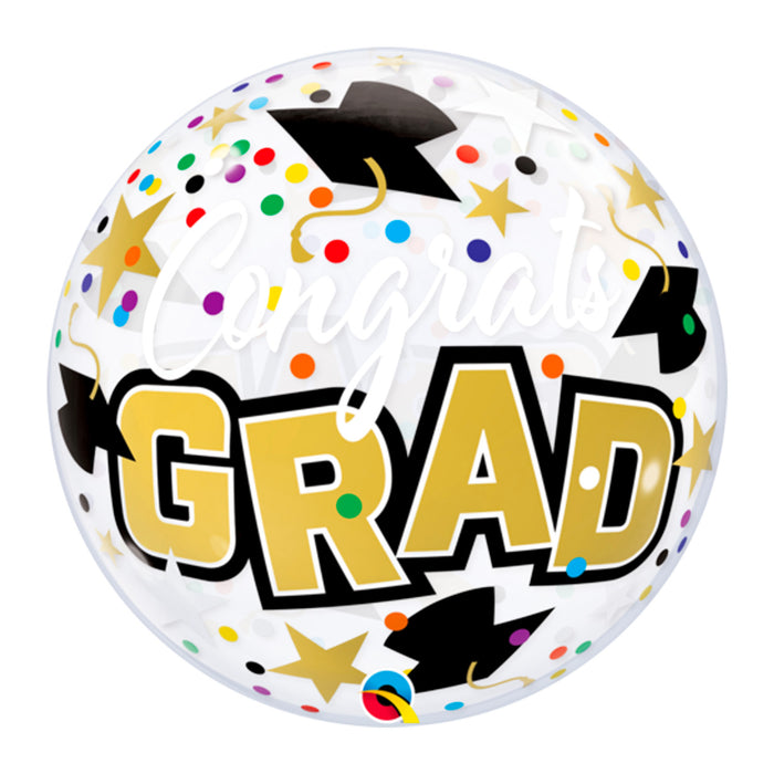 A clear bubble balloon with black and gold graduation cap patterns, multicolored dots, and the text 'GRAD' in gold letters.
