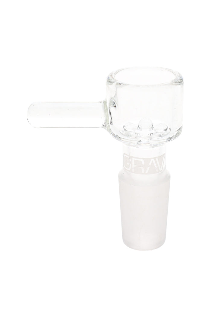 Clear GRAV Octobowl glass herb slide with side handle and built-in glass screen, ground male joint for compatible beaker and straight-tube bongs.