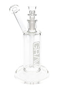 Clear GRAV medium upright glass bubbler, 7″ tall with angled mouthpiece, fixed fission downstem, and 14 mm bowl on a flared base.