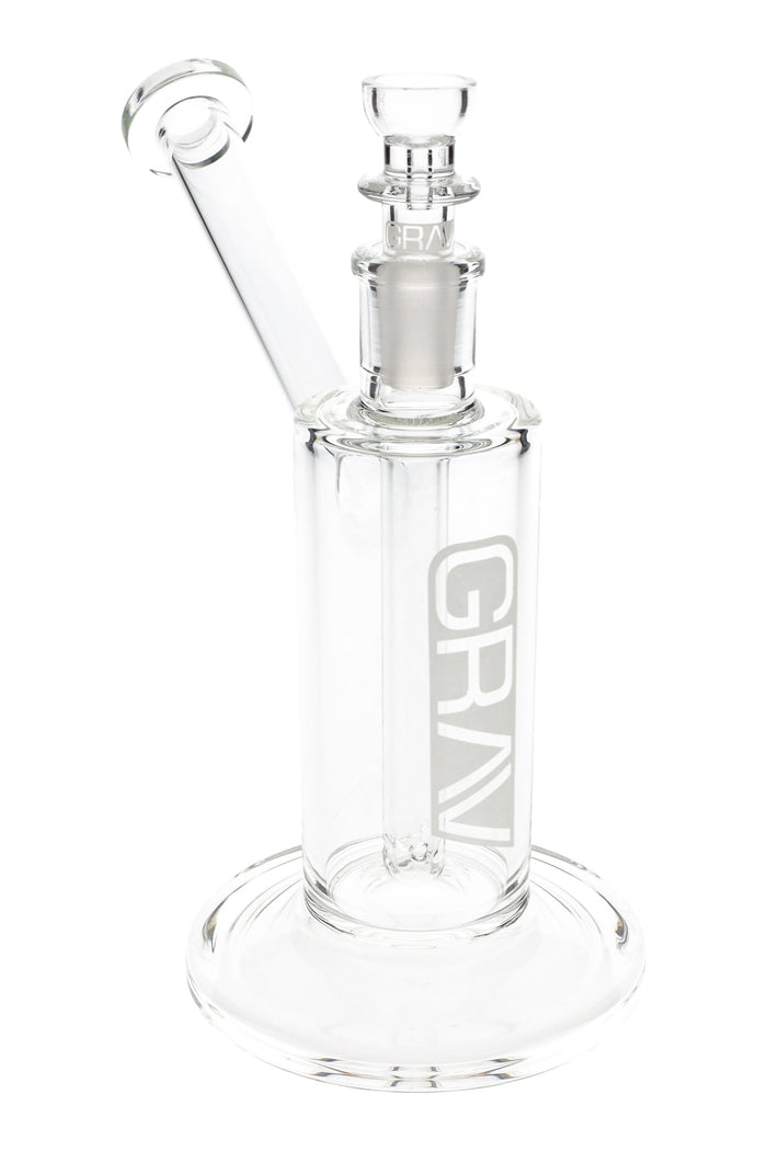 Clear GRAV medium upright glass bubbler, 7″ tall with angled mouthpiece, fixed fission downstem, and 14 mm bowl on a flared base.