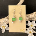 Green Beach Glass with Freshwater Pearl Beads Earrings #300