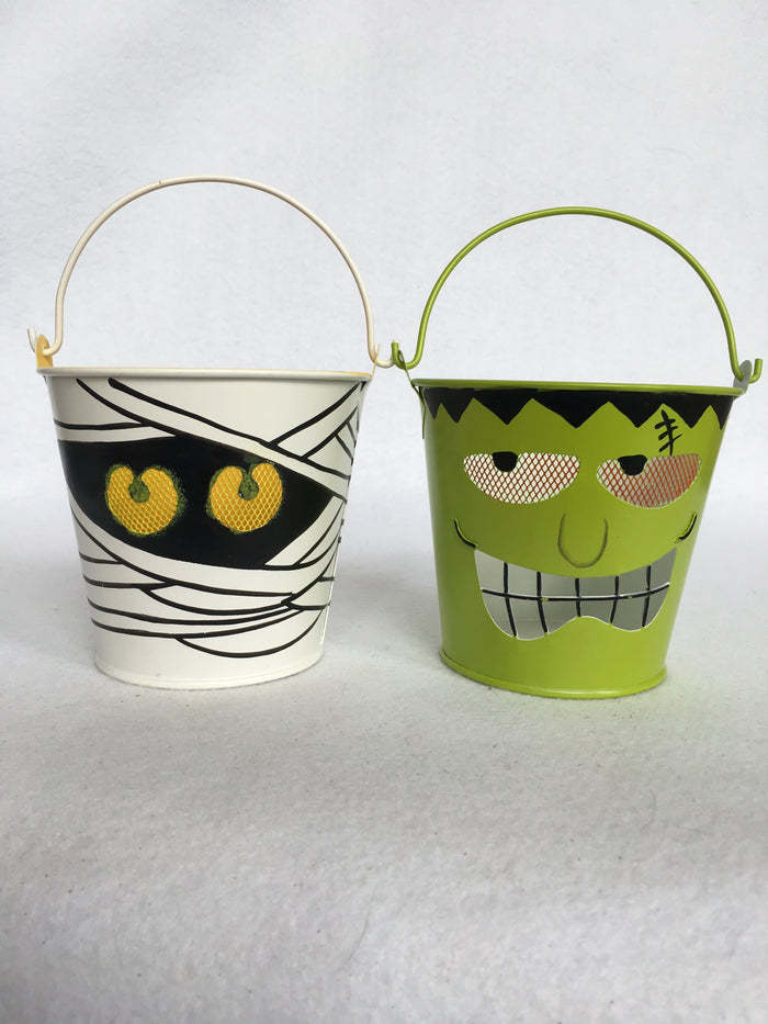 Halloween Mummy or Frankenstin Metal Bucket/Votive