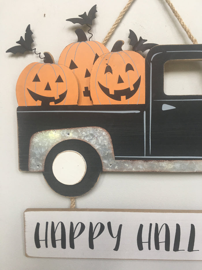 Halloween Solid Wood and Metal Truck Carrying Pumpkins Wall Hanging