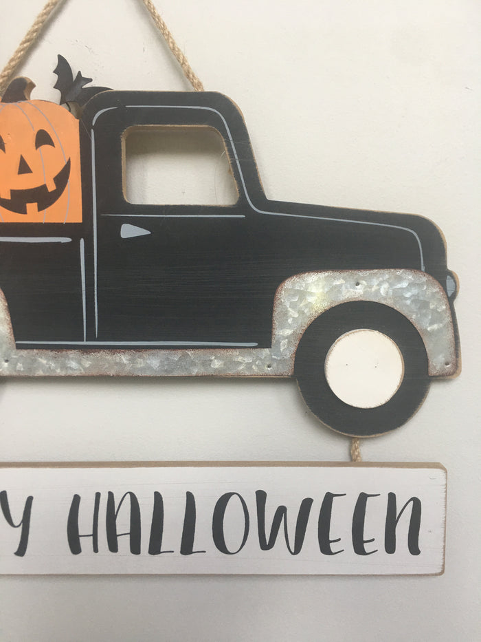 Halloween Solid Wood and Metal Truck Carrying Pumpkins Wall Hanging