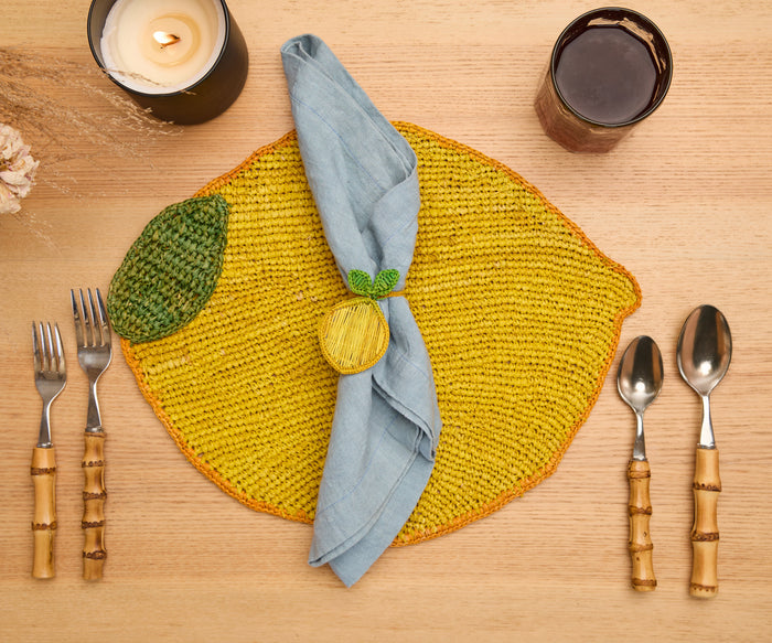 Handwoven Lemon Placemat – Raffia Fruit Shaped Table Mat, Summer Table Decor