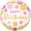pink gold polka dots happy birthday balloon