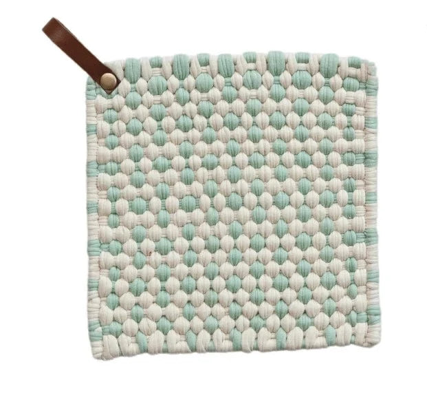 Happy House Cotton Crocheted Pot Holder w/ Leather Loop
