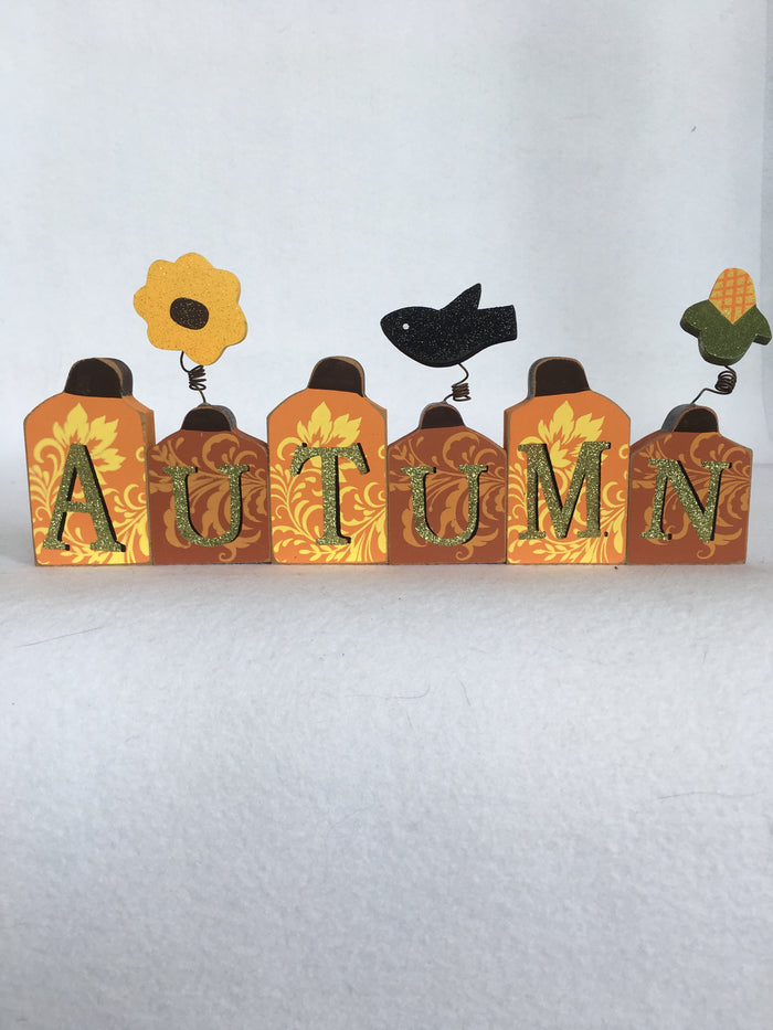 Harvest Autumn Block Sitter with Raven, Corn Husk and Sunflower